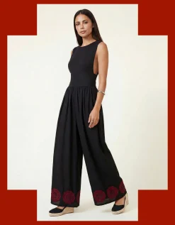 Raffya Vanessa Embroidered Wide Leg Jumpsuit Black