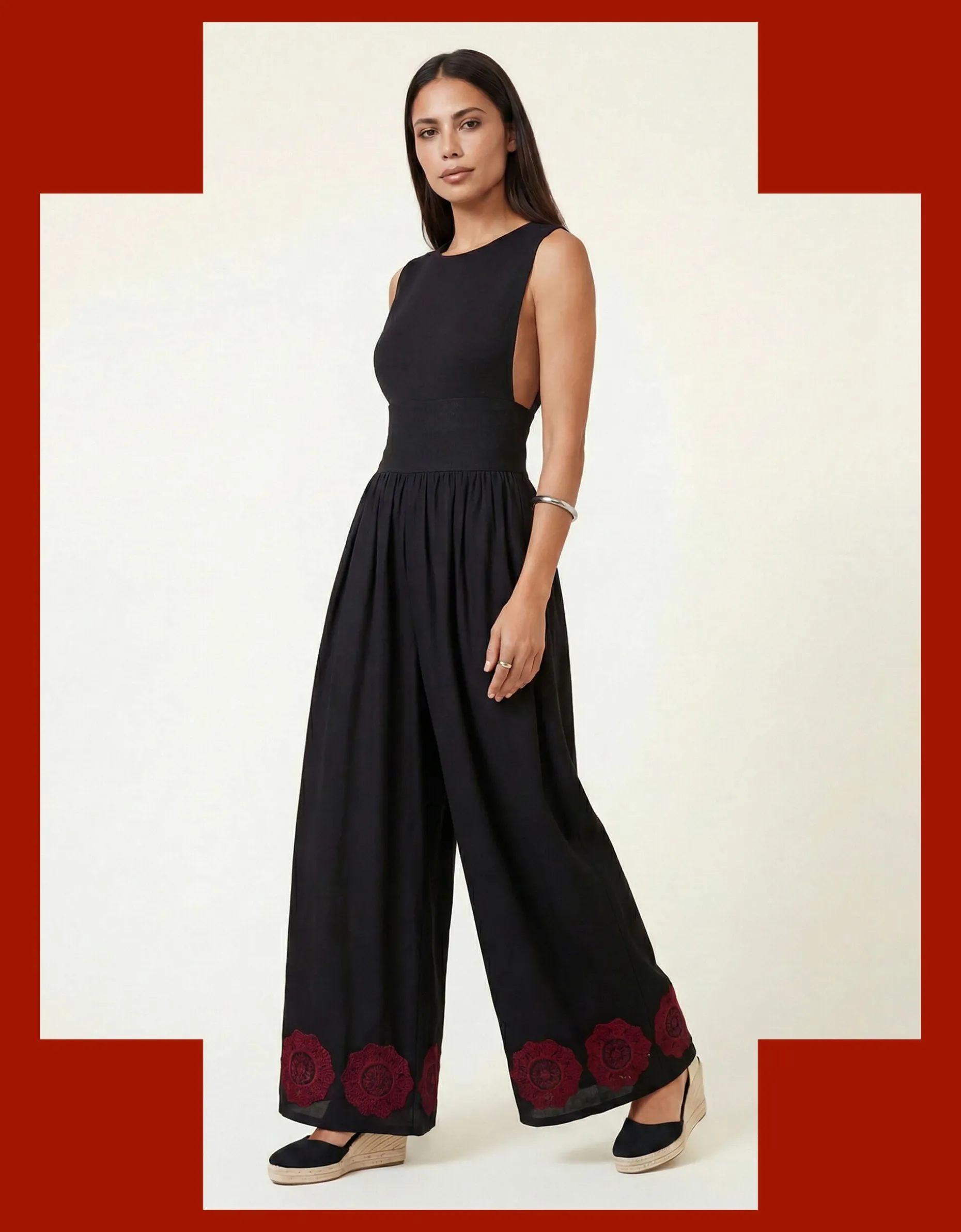 Raffya Vanessa Embroidered Wide Leg Jumpsuit Black