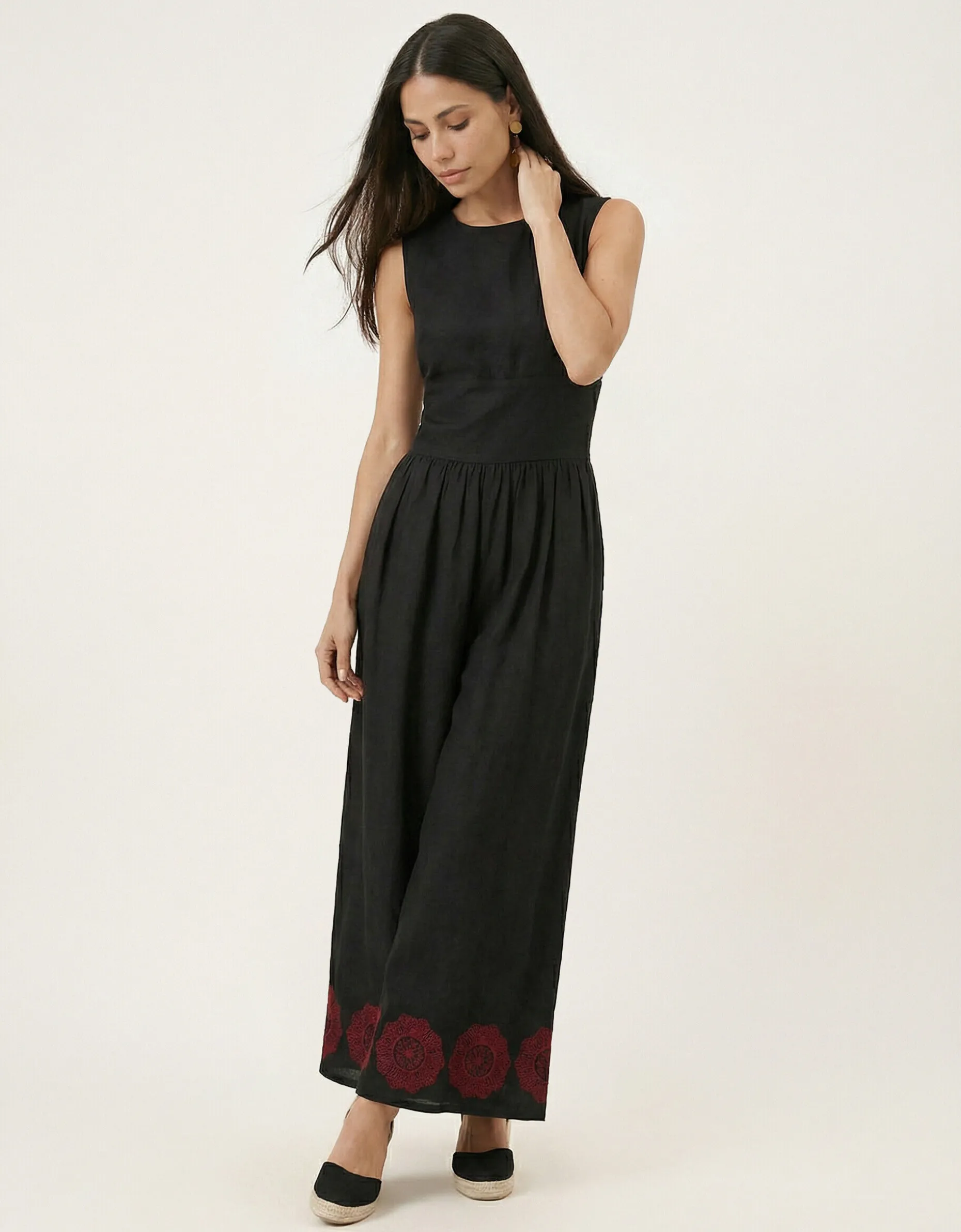 Raffya Vanessa Embroidered Wide Leg Jumpsuit Black