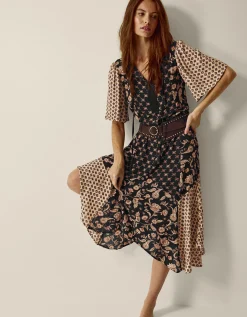 Raquel Patchwork Floral Print Midi Dress Black