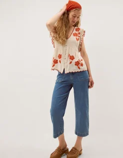 Rhea Embroidered Linen Blend Top Natural