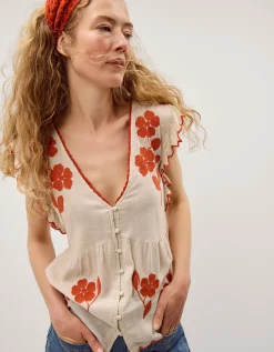 Rhea Embroidered Linen Blend Top Natural