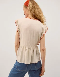 Rhea Embroidered Linen Blend Top Natural