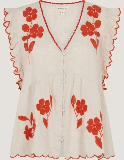 Rhea Embroidered Linen Blend Top Natural