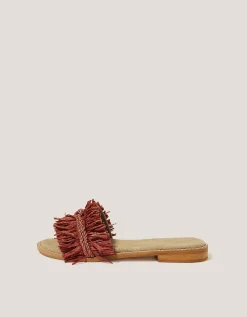 Rhia Leather Raffia Slide Sandals Orange