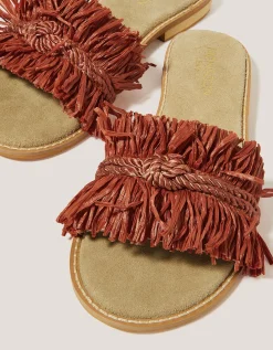 Rhia Leather Raffia Slide Sandals Orange