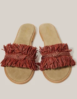 Rhia Leather Raffia Slide Sandals Orange