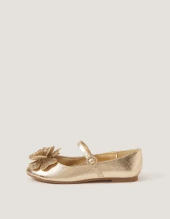 Rhinestone Flower Mary Jane Ballet Flats Gold