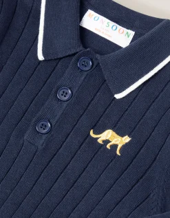 Ribbed Knit Polo Jumper Blue