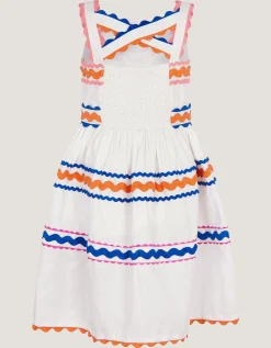 Ric Rac Embroidered Cotton Dress White