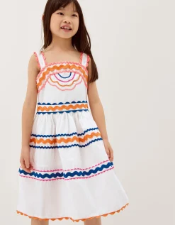 Ric Rac Embroidered Cotton Dress White