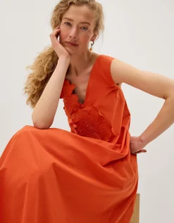 Rosalie Floral Appliqué Cotton Midi Dress Orange