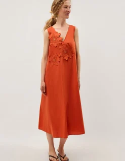Rosalie Floral Appliqué Cotton Midi Dress Orange