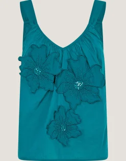 Rosalie Sleeveless Floral Embellished Top Teal
