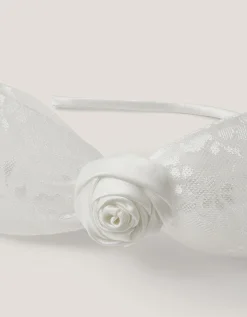 Rosette Bow Satin Hairband Ivory