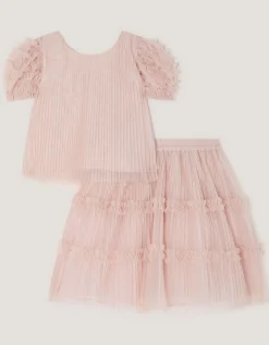 Ruffled Pleated Top & Skirt Set Pink