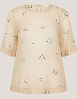 Sacha Short-Sleeve Embroidered Top Gold
