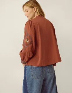 Sadie Embroidered Pintuck Blouse Orange