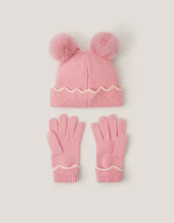 Scallop Beanie Hat & Gloves Set Pink