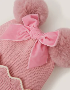 Scallop Beanie Hat & Gloves Set Pink