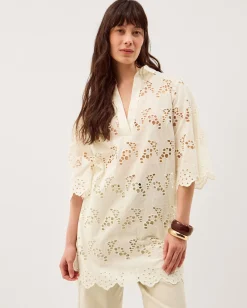 Selena Floral Embroidered Tunic Shirt Cream