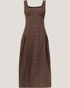Selena Square Neck Stripe Midi Dress Brown