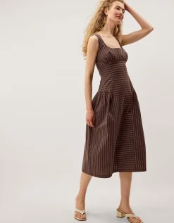 Selena Square Neck Stripe Midi Dress Brown