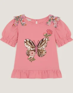 Sequin Butterfly Cotton T-Shirt Pink