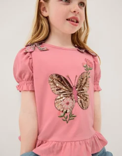Sequin Butterfly Cotton T-Shirt Pink
