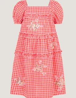 Sequin Butterfly Gingham Dress Pink