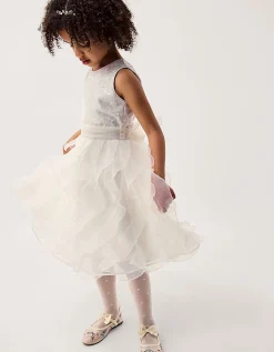 Sequin Embellished Ruffle Party Dress White