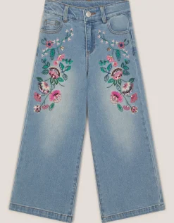 Sequin Floral Embroidered Wide Leg Jeans Blue