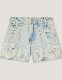 Sequin Flower Denim Shorts Blue
