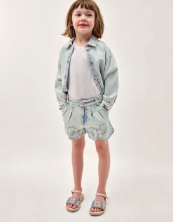 Sequin Flower Denim Shorts Blue