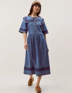 Shelby Square Collar Denim Midi Dress Blue