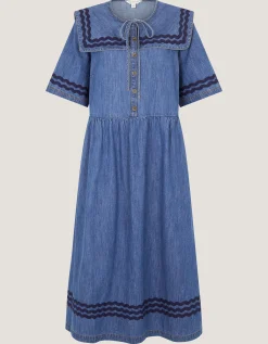 Shelby Square Collar Denim Midi Dress Blue