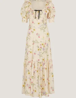 Sienna Frill Neck Floral Midi Dress Ivory