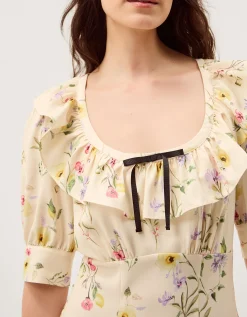 Sienna Frill Neck Floral Midi Dress Ivory
