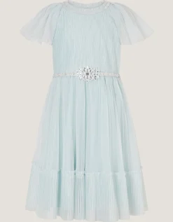 Sky Embellished Pleated Party Dress Green