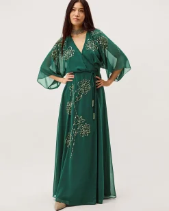 Skyla Floral Embellished Maxi Wrap Dress Green