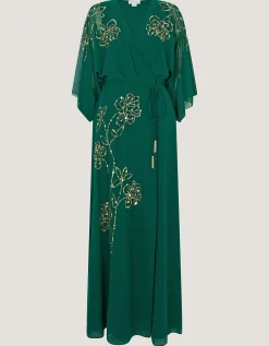 Skyla Floral Embellished Maxi Wrap Dress Green