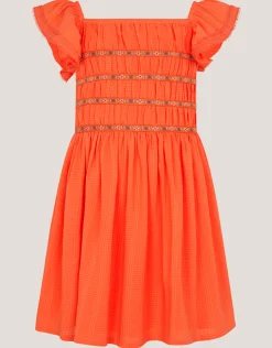 Smocked Square Neck Dress Orange