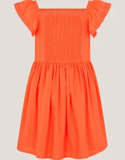 Smocked Square Neck Dress Orange