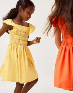 Smocked Square Neck Dress Yellow