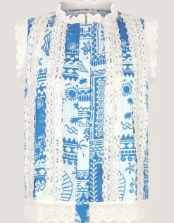 Soleil Print Lace Tank Top Blue