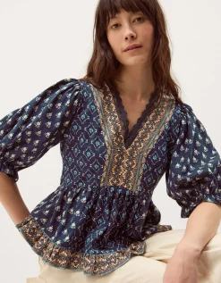 Stacee Puff Sleeve Print Jersey Top Blue