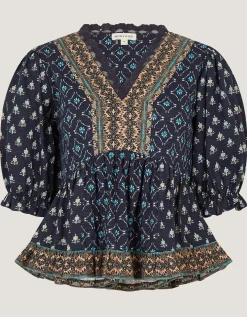 Stacee Puff Sleeve Print Jersey Top Blue