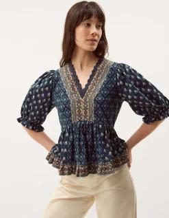 Stacee Puff Sleeve Print Jersey Top Blue