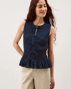 Steff Sleeveless Smocked Jersey Top Blue