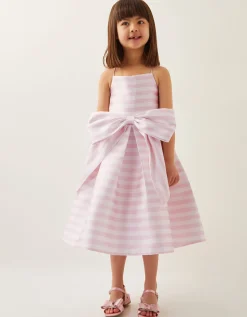Stripe Bow Twill Party Dress Pink